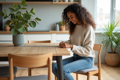 Jeune femme assise mesurant la hauteur d'une chaise de salle à manger