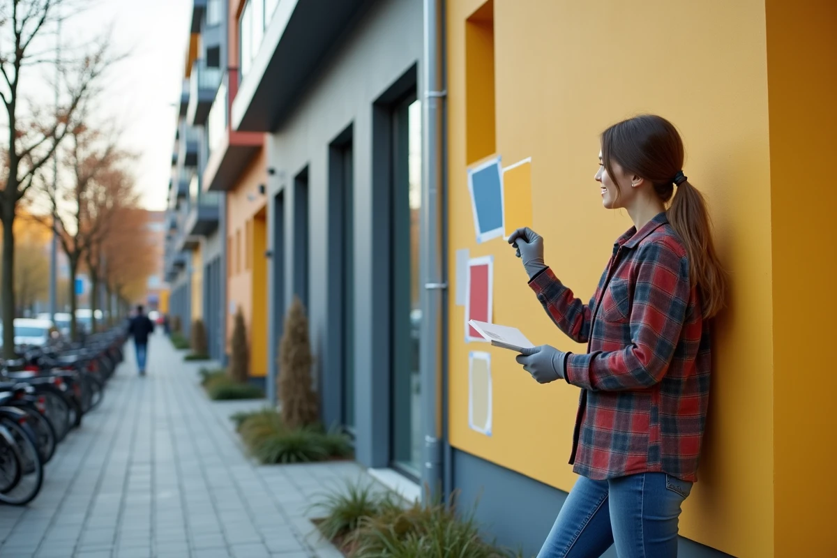 Jeune femme examine échantillons de peinture devant immeuble moderne