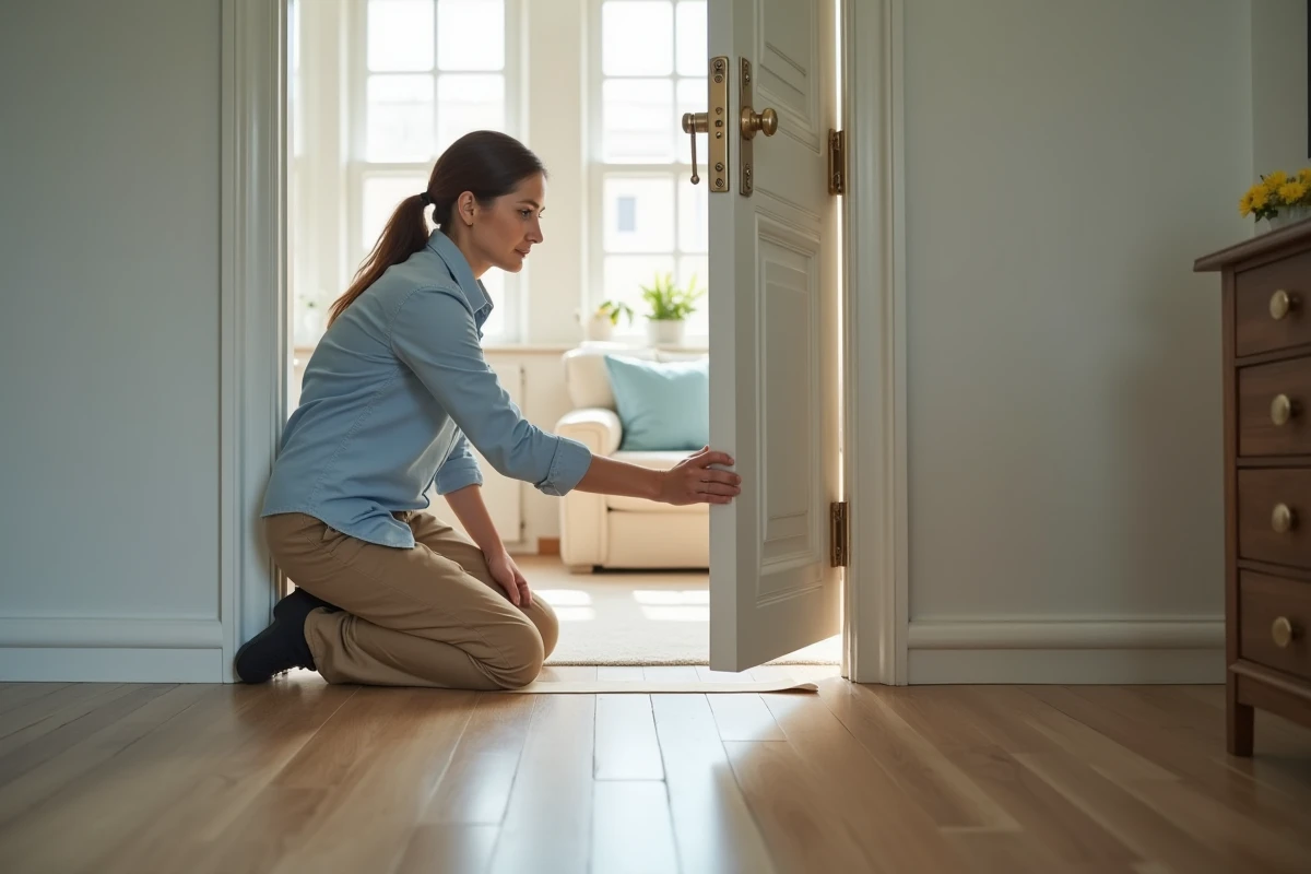 Jeune femme ajuste une porte avec un wedge dans un intérieur