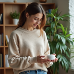 Jeune femme posant un absorbeur d'humidité dans le salon