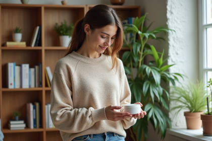 Jeune femme posant un absorbeur d'humidité dans le salon
