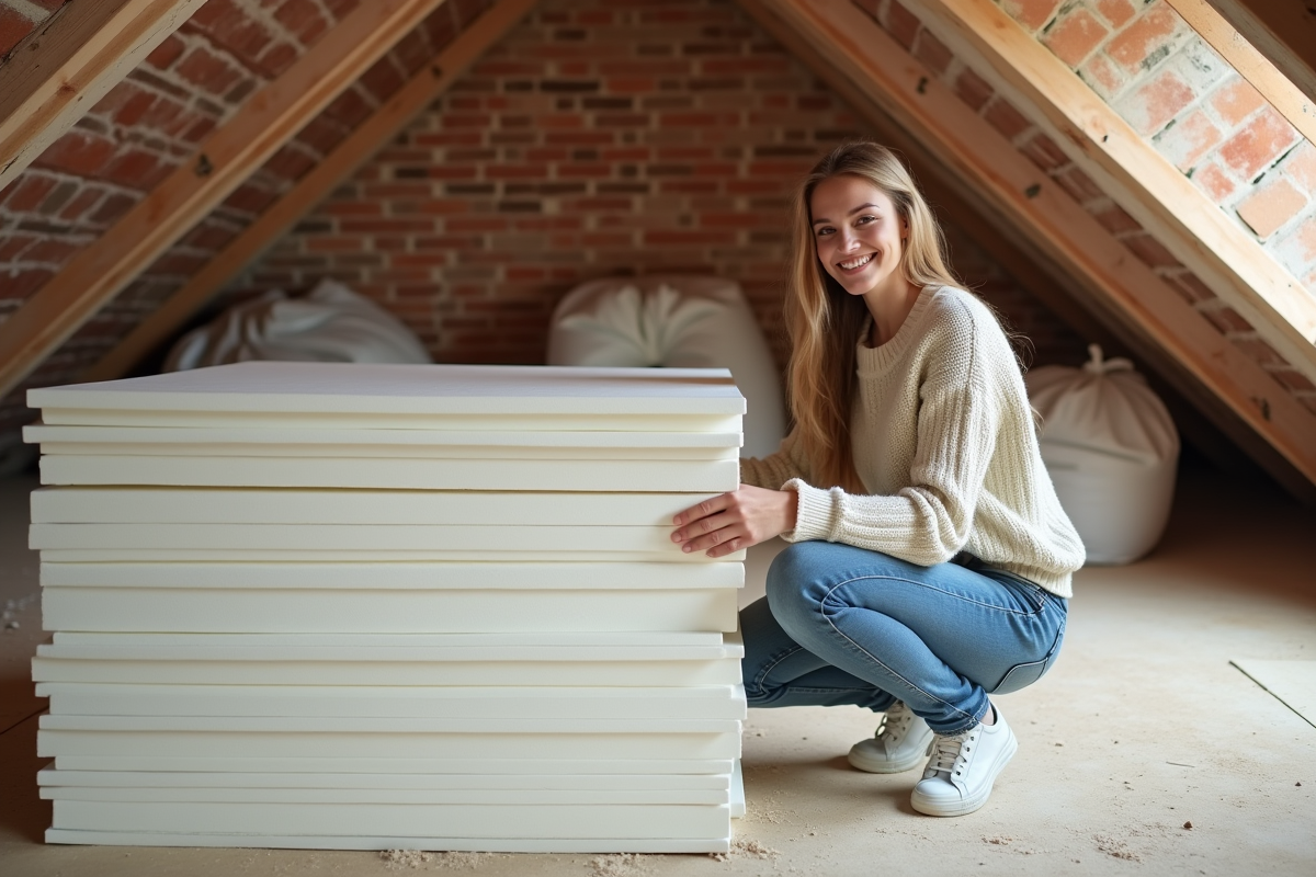 Jeune femme vérifiant des panneaux isolants en grenier