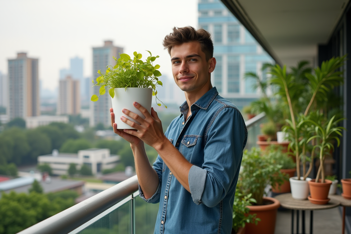 Jeune homme tenant une pothos dans un jardin de balcon urbain