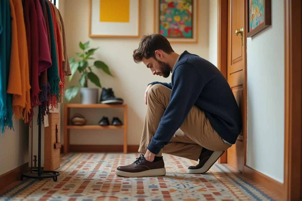 Jeune homme en entrée moderne en train de retirer ses chaussures