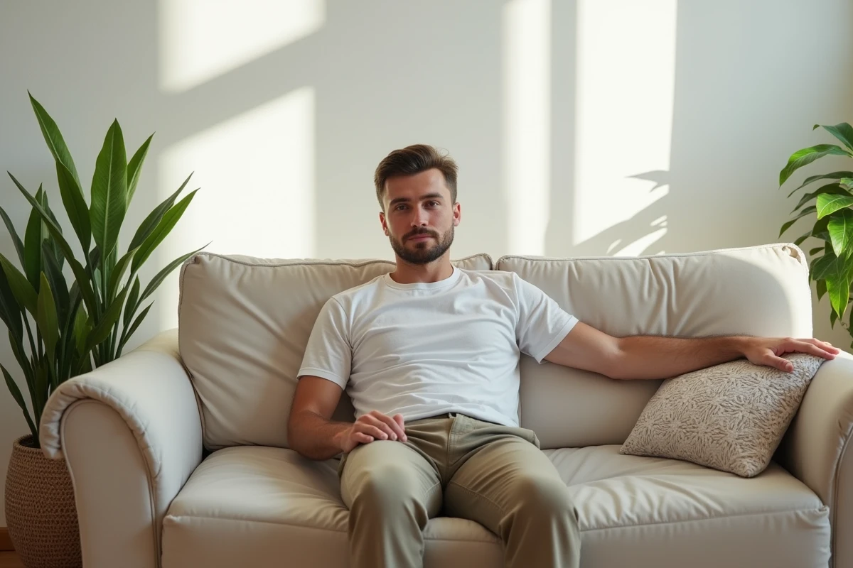 Jeune homme détendu sur un canapé avec housse rembourrée