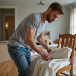 Jeune homme emballant une chaise en bois dans un salon