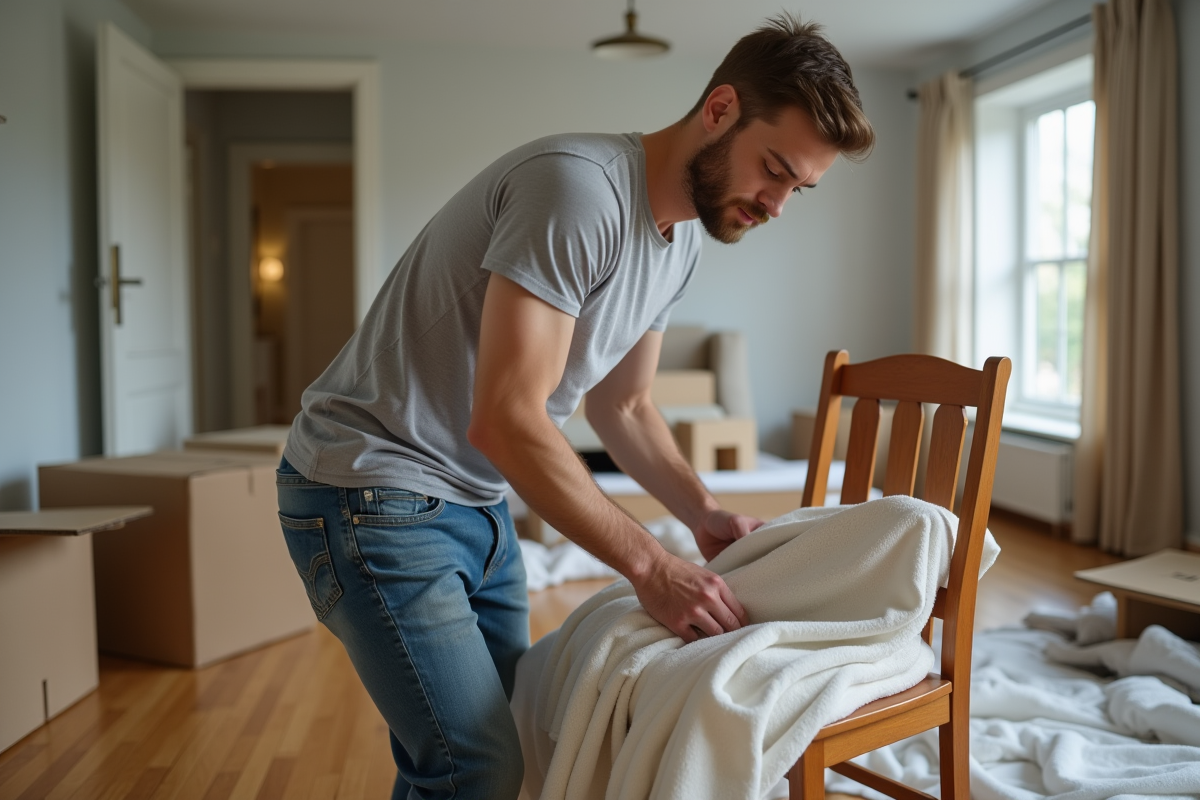 Jeune homme emballant une chaise en bois dans un salon