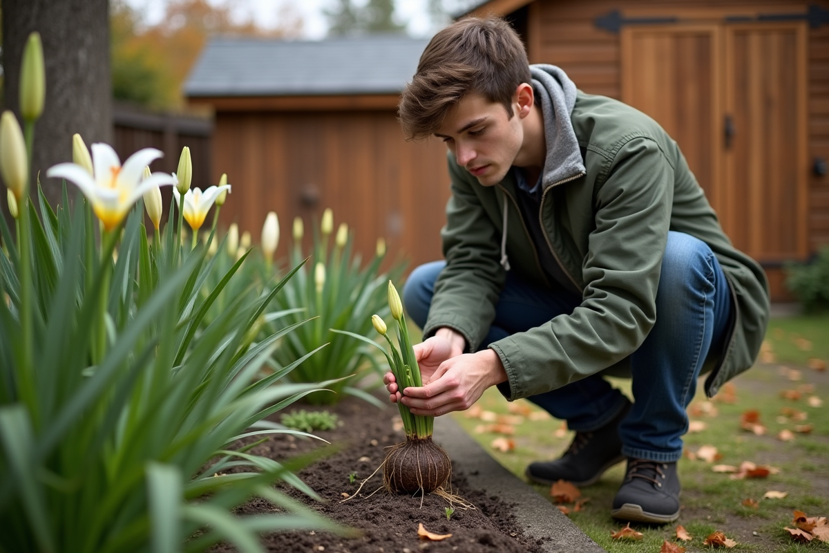 Jeune homme observant un bulbe de lys dans un jardin automnal