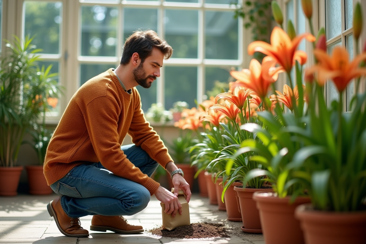 Jeune homme appliquant fertilisant aux lilas