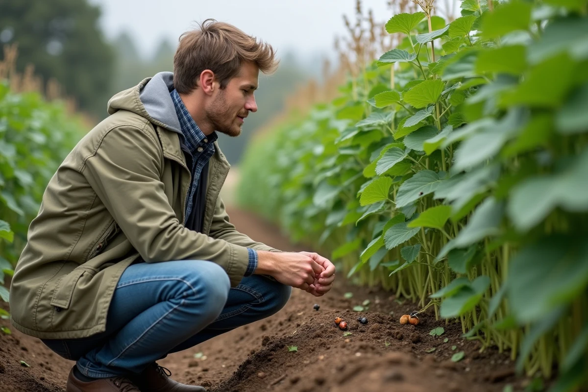Jeune homme observe des coccinelles sur des plants de fèves