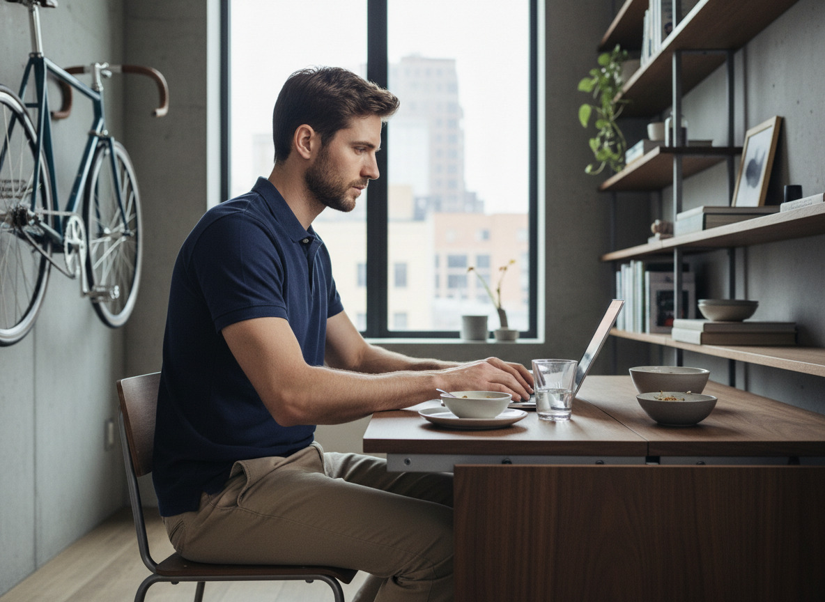 Jeune homme utilisant un bureau convertible dans un appartement