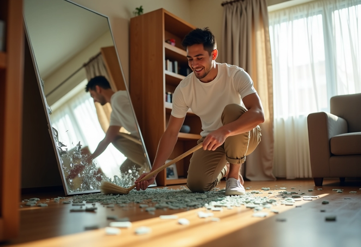 Jeune homme nettoyant des morceaux de miroir dans le salon lumineux