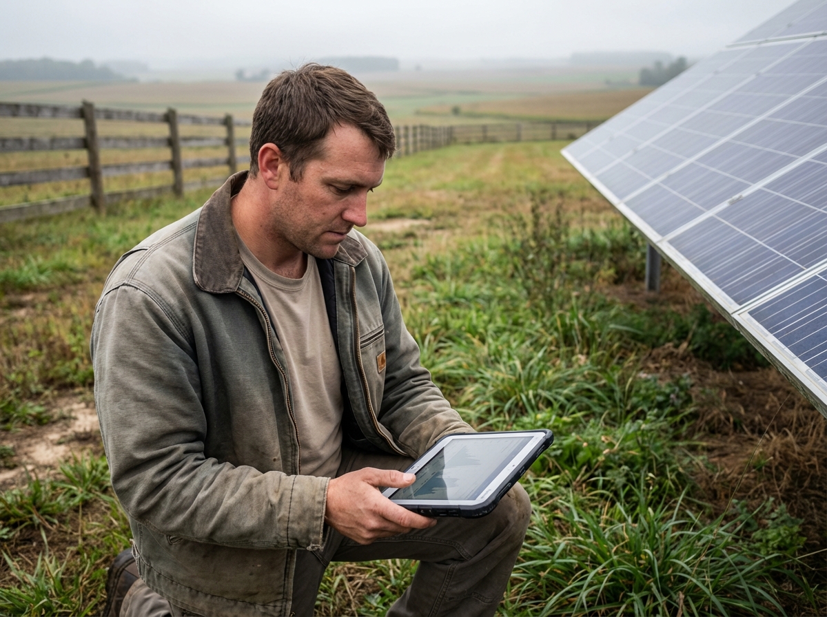Jeune homme utilisant une tablette près de panneaux solaires en campagne