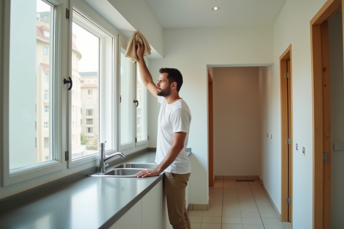 Jeune homme nettoyant une fenêtre dans une cuisine vide