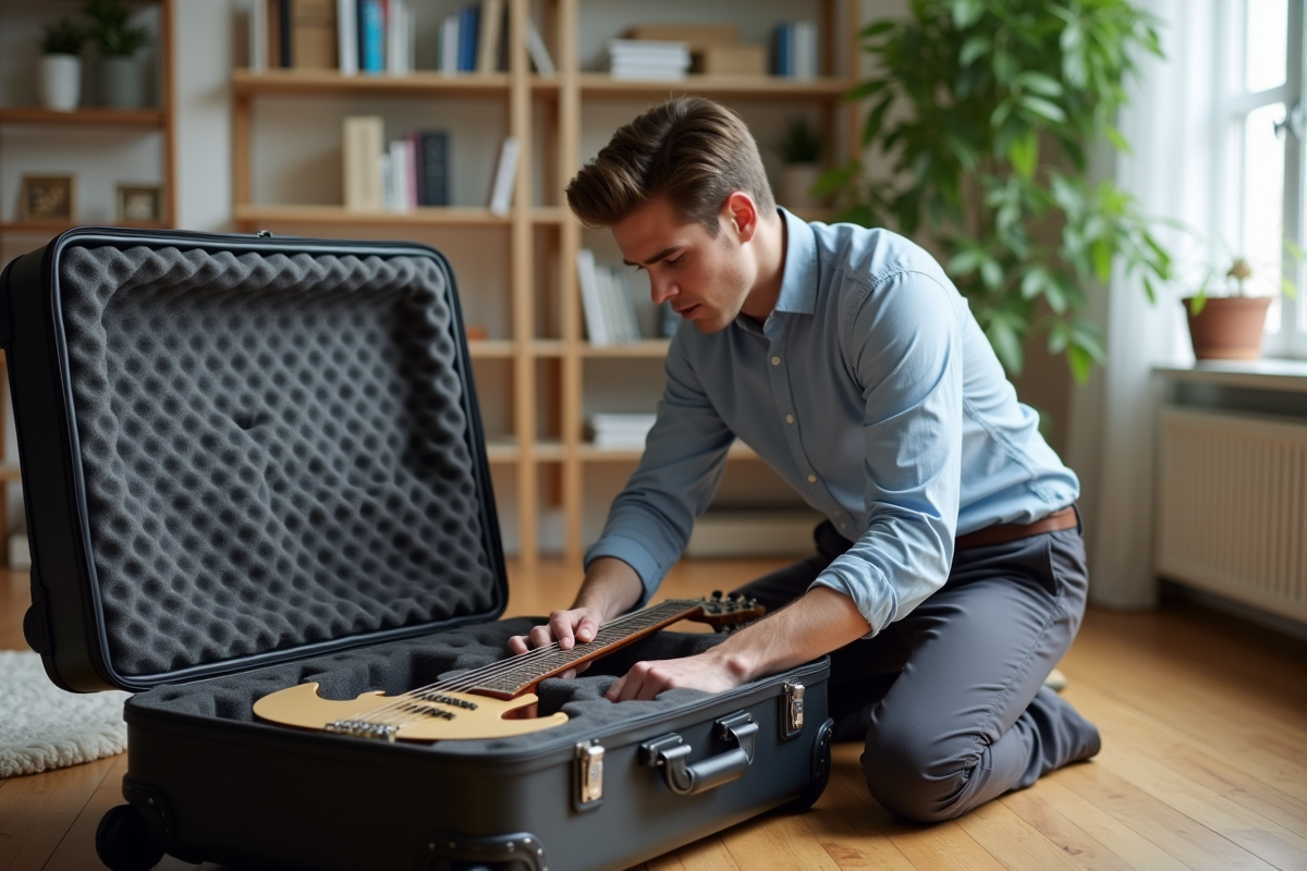 Jeune homme sécurisant un instrument de musique dans une valise