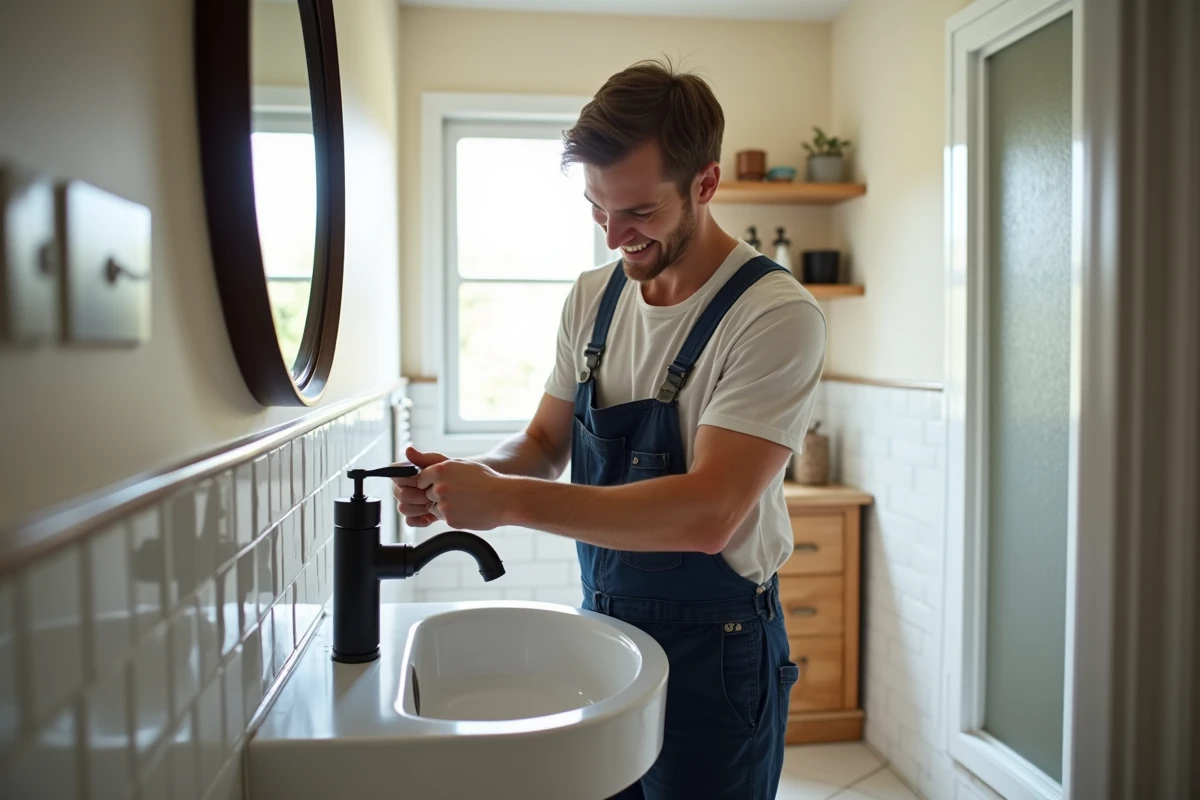 Jeune homme installant un robinet dans la salle de bain