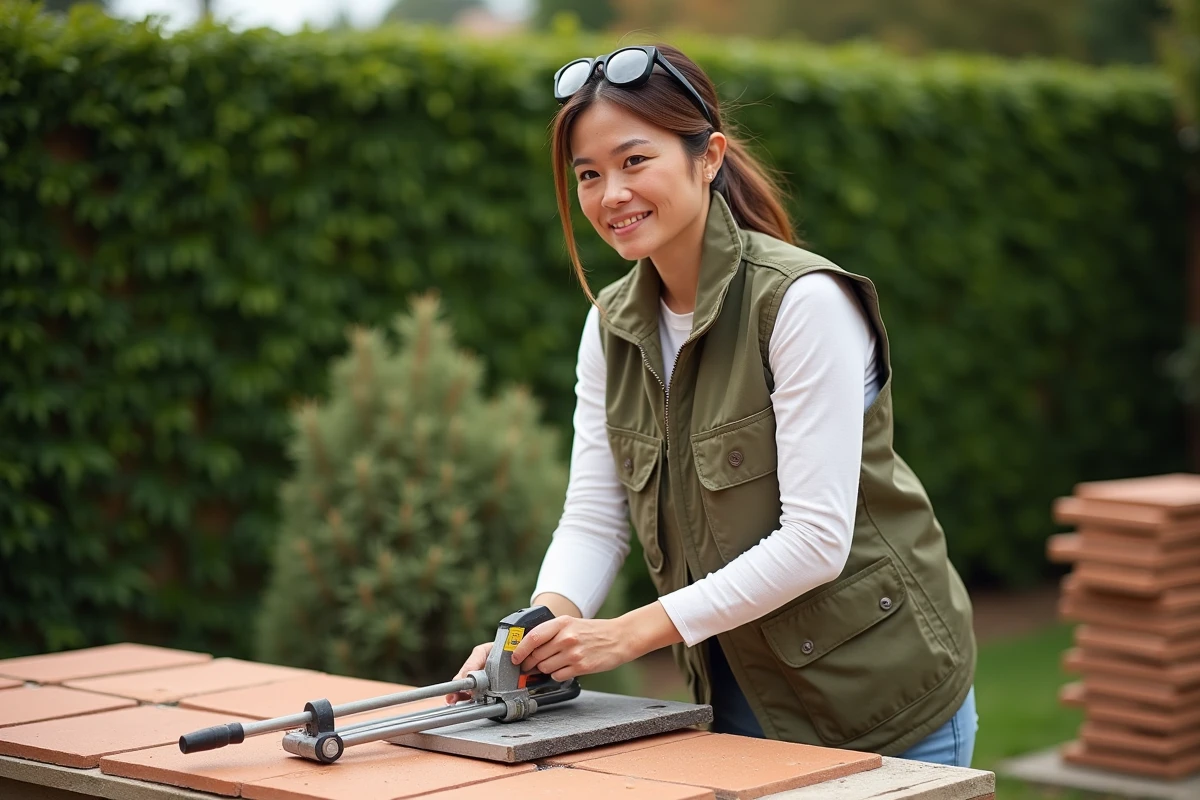 Femme utilisant une carrelette de location pour poser du carrelage sur une terrasse extérieure dans un jardin