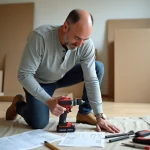 Homme en train d'utiliser une perceuse sans fil louée pour assembler des meubles dans un salon en cours de rénovation