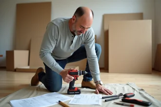 Homme en train d'utiliser une perceuse sans fil louée pour assembler des meubles dans un salon en cours de rénovation