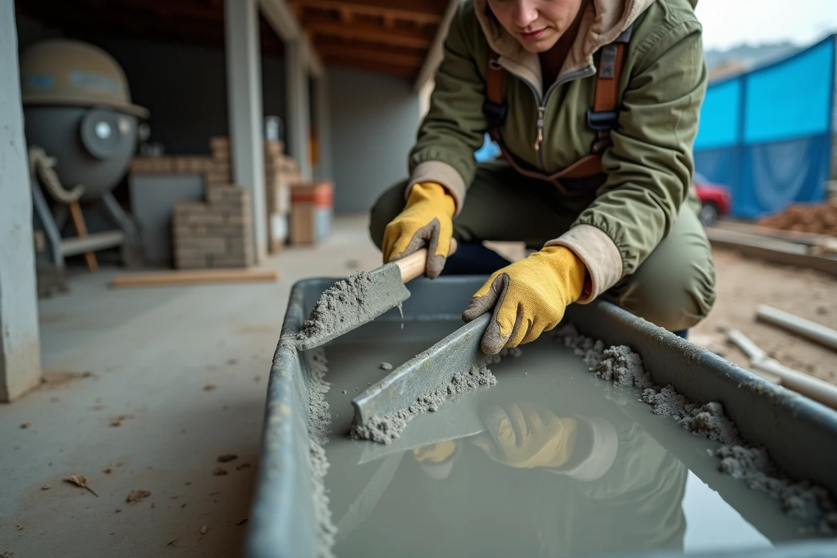 Maçonne testant la consistance du mortier fraîchement mélangé à la bétonnière avec une truelle dans un bac de chantier