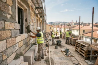 Équipe de maçons professionnels travaillant sur un chantier de rénovation à Marseille avec la ville en arrière-plan