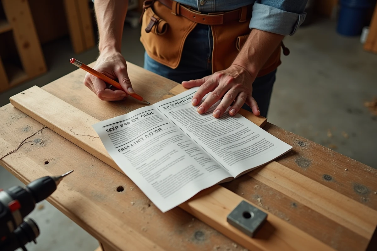 Gros plan sur les mains d'un bricoleur mesurant une planche en bois avec un guide de travaux imprimé posé sur l'établi