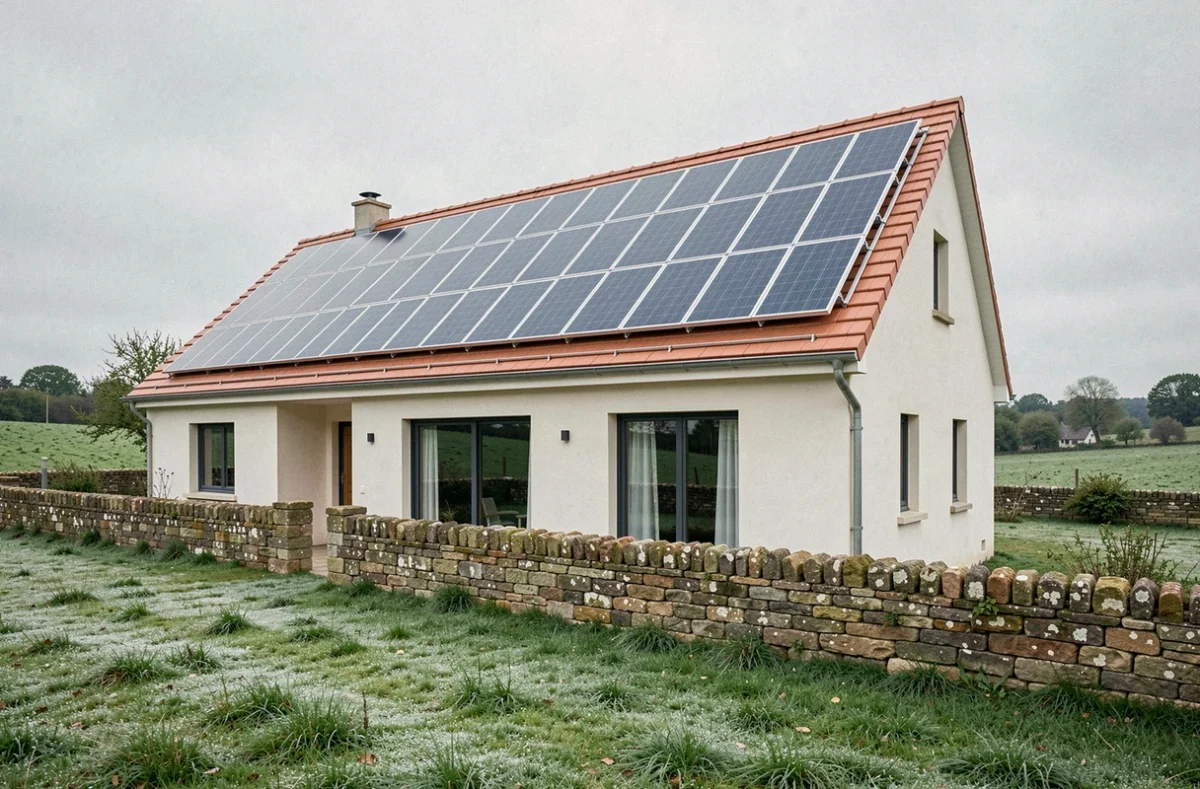 Vue extérieure d'une maison individuelle avec panneaux solaires thermiques intégrés sur la toiture en zone rurale