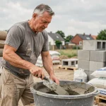 Ouvrier mélangeant du ciment et du sable à la main sur un chantier de construction résidentiel