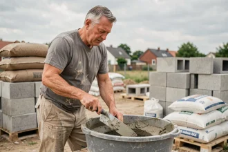 Ouvrier mélangeant du ciment et du sable à la main sur un chantier de construction résidentiel