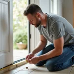 Homme mesurant une porte PVC avant l'installation d'une chatière, erreurs à éviter lors de la découpe