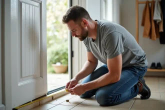 Homme mesurant une porte PVC avant l'installation d'une chatière, erreurs à éviter lors de la découpe