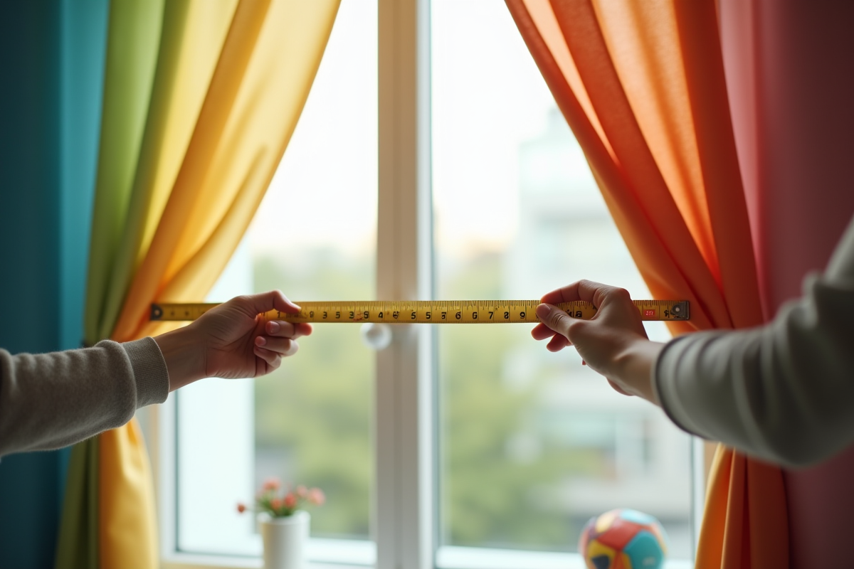 Mains tenant un mètre à ruban sur des rideaux colorés près d