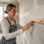 Femme mesurant la superficie d'un mur intérieur avec un mètre pliant en bois dans un appartement en rénovation