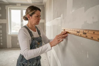 Femme mesurant la superficie d'un mur intérieur avec un mètre pliant en bois dans un appartement en rénovation