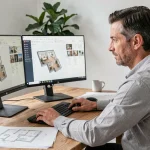Homme comparant deux logiciels de conception intérieure sur double écran dans un bureau moderne
