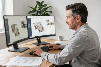 Homme comparant deux logiciels de conception intérieure sur double écran dans un bureau moderne