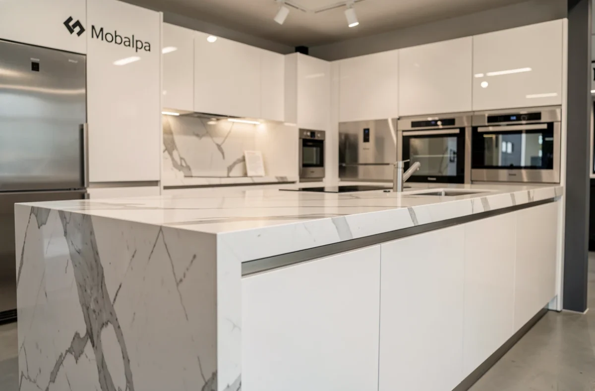 Cuisine Mobalpa exposée dans le showroom d'Angers avec cabinetry blanc et plan de travail en marbre