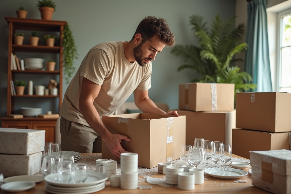 Jeune homme assemblant une boîte en carton pour déménagement