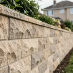 Mur de clôture en Terrasto installé en limite de propriété dans un jardin résidentiel, vue 3/4 montrant la texture pierre reconstituée beige-gris