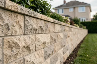Mur de clôture en Terrasto installé en limite de propriété dans un jardin résidentiel, vue 3/4 montrant la texture pierre reconstituée beige-gris
