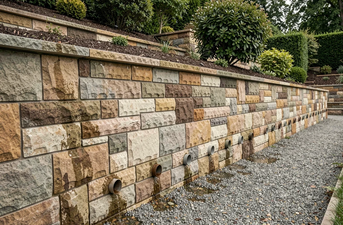 Vue panoramique d'un mur de soutènement en pierre calcaire avec rangée de barbacanes régulièrement espacées dans un jardin en terrasse