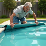 Homme d'âge moyen nettoyant la piscine en été dans un jardin
