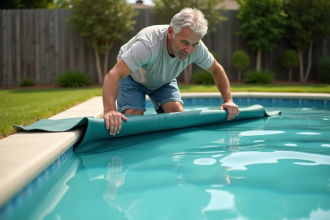 Homme d'âge moyen nettoyant la piscine en été dans un jardin