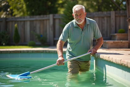 Homme d'âge moyen nettoyant une piscine verte extérieure
