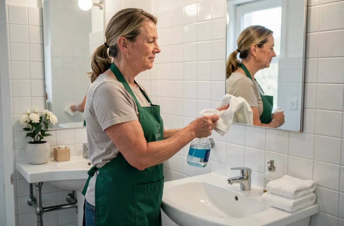 Femme de ménage nettoyant le miroir d'une salle de bain propre dans une maison de Mérignac