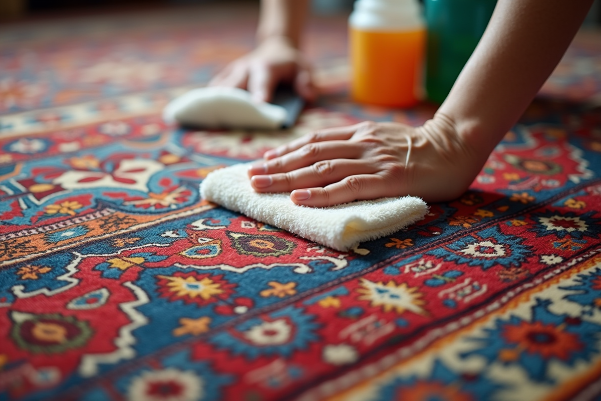Détail d un tapis turc en nettoyage avec chiffon blanc