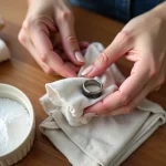 Mains de femme nettoyant une bague en argent noircie avec un chiffon doux et du bicarbonate de soude sur une table en bois