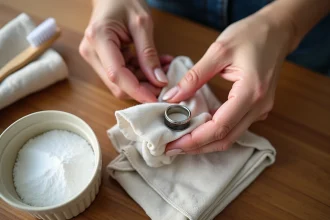 Mains de femme nettoyant une bague en argent noircie avec un chiffon doux et du bicarbonate de soude sur une table en bois