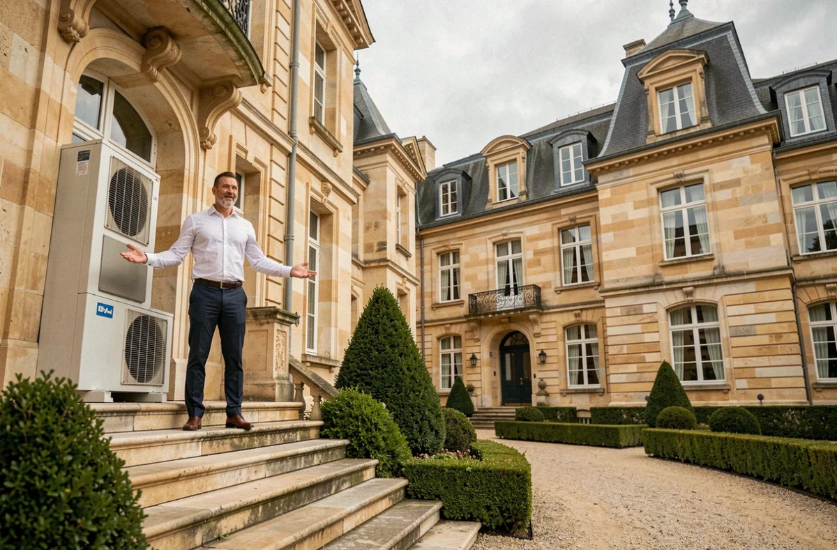 Consultant Oriven présentant une installation de pompe à chaleur devant une propriété de prestige à Versailles