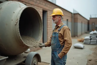 Ouvrier du bâtiment surveillant le malaxage du mortier dans une bétonnière sur un chantier de construction